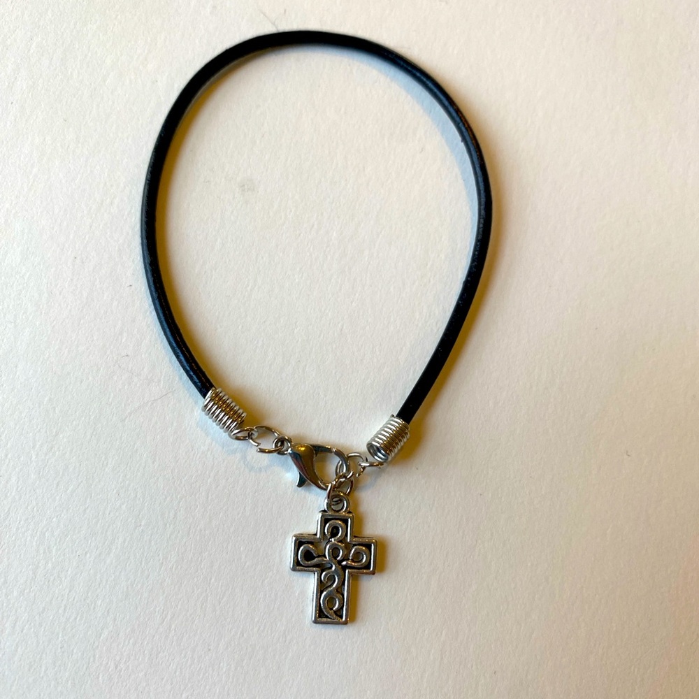 Black Bracelet with Silver Cross Pendant